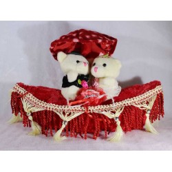 Valentine Cute Teddy Couple On A Beautifully Decorated Plush Boat